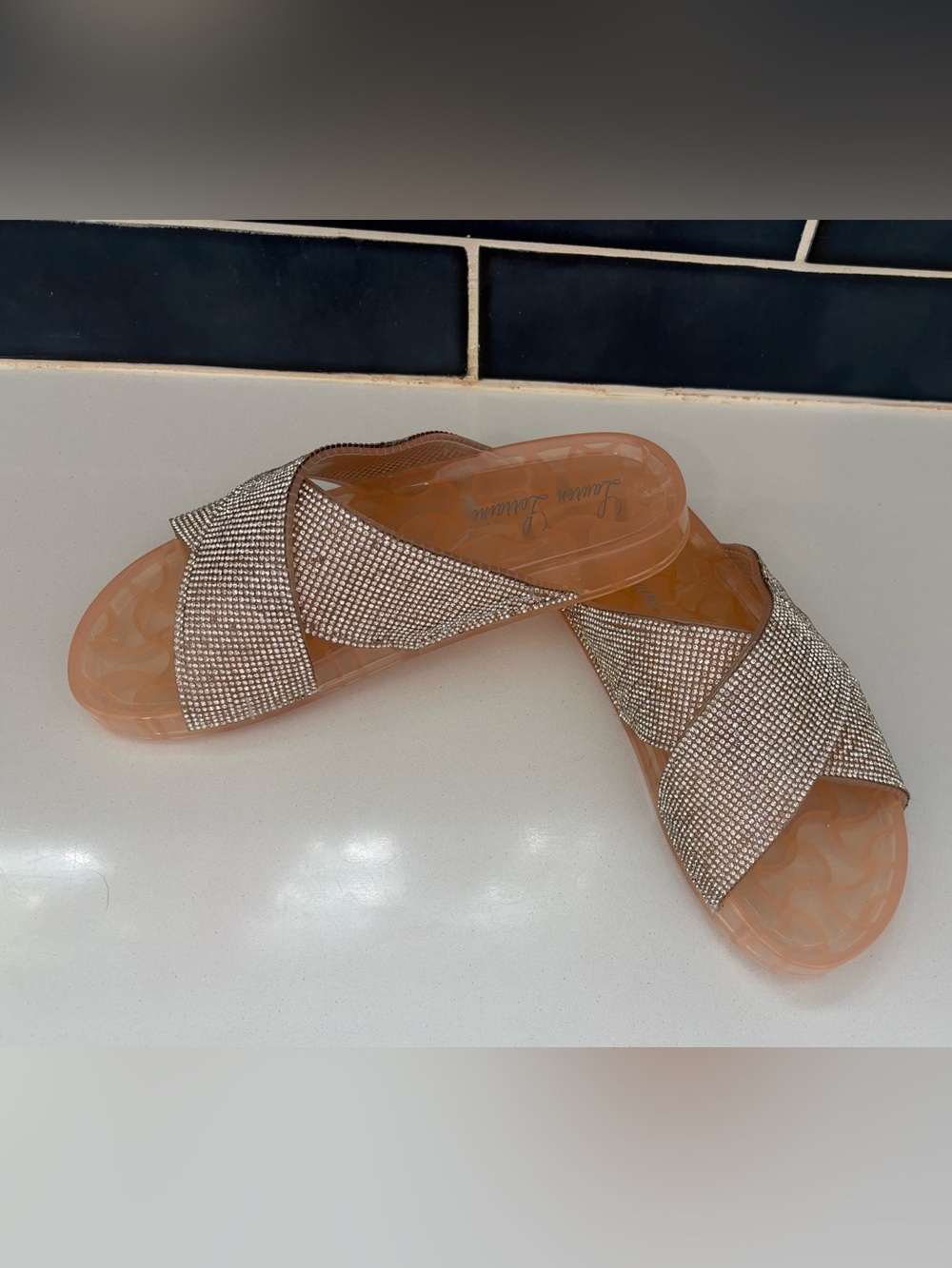Jelly Cross Slide Sandals in Nude, Lauren Lorianne